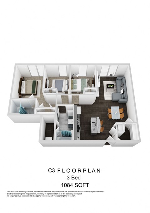 Floor plan for 3 beds, 2 baths, 1084 sqft
